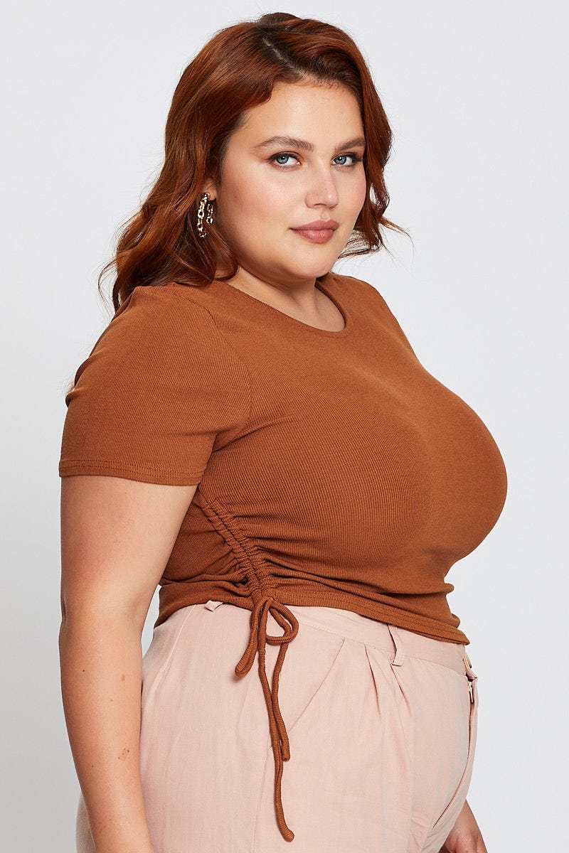 Brown Short Sleeve Drawstring Side Top for Women by You and All