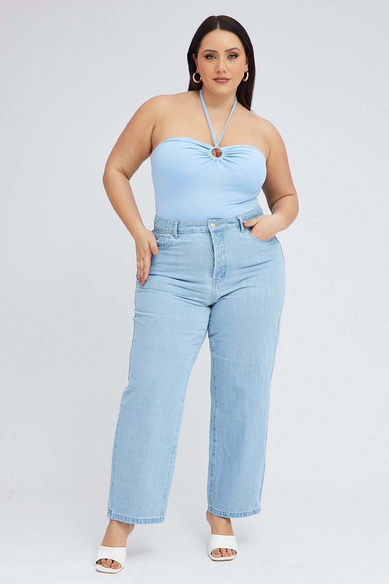 Blue Halter Bodysuit Ring Detail Jersey for YouandAll Fashion