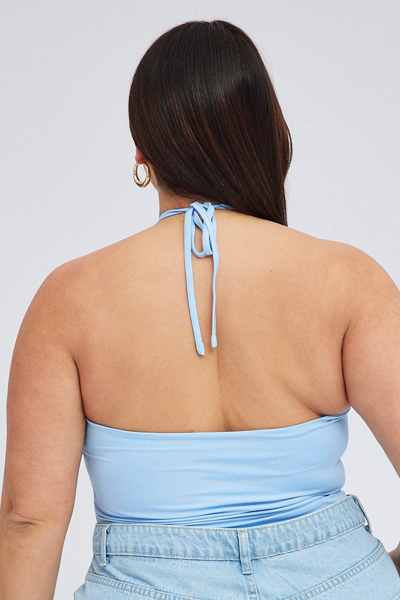 Blue Halter Bodysuit Ring Detail Jersey for YouandAll Fashion