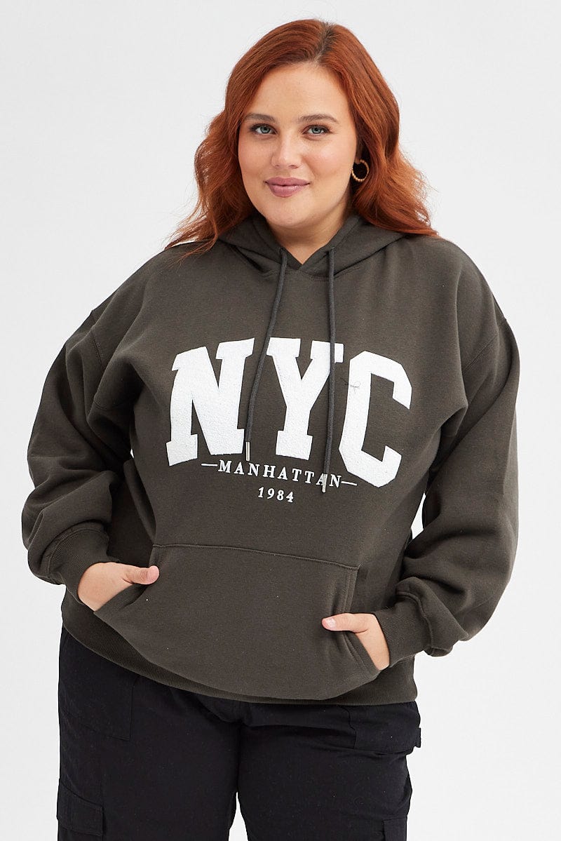 Grey Hoodie Sweatshirt Pocket NYC Embroidered Oversized for YouandAll Fashion