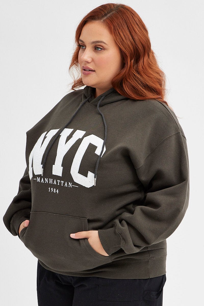 Grey Hoodie Sweatshirt Pocket NYC Embroidered Oversized for YouandAll Fashion