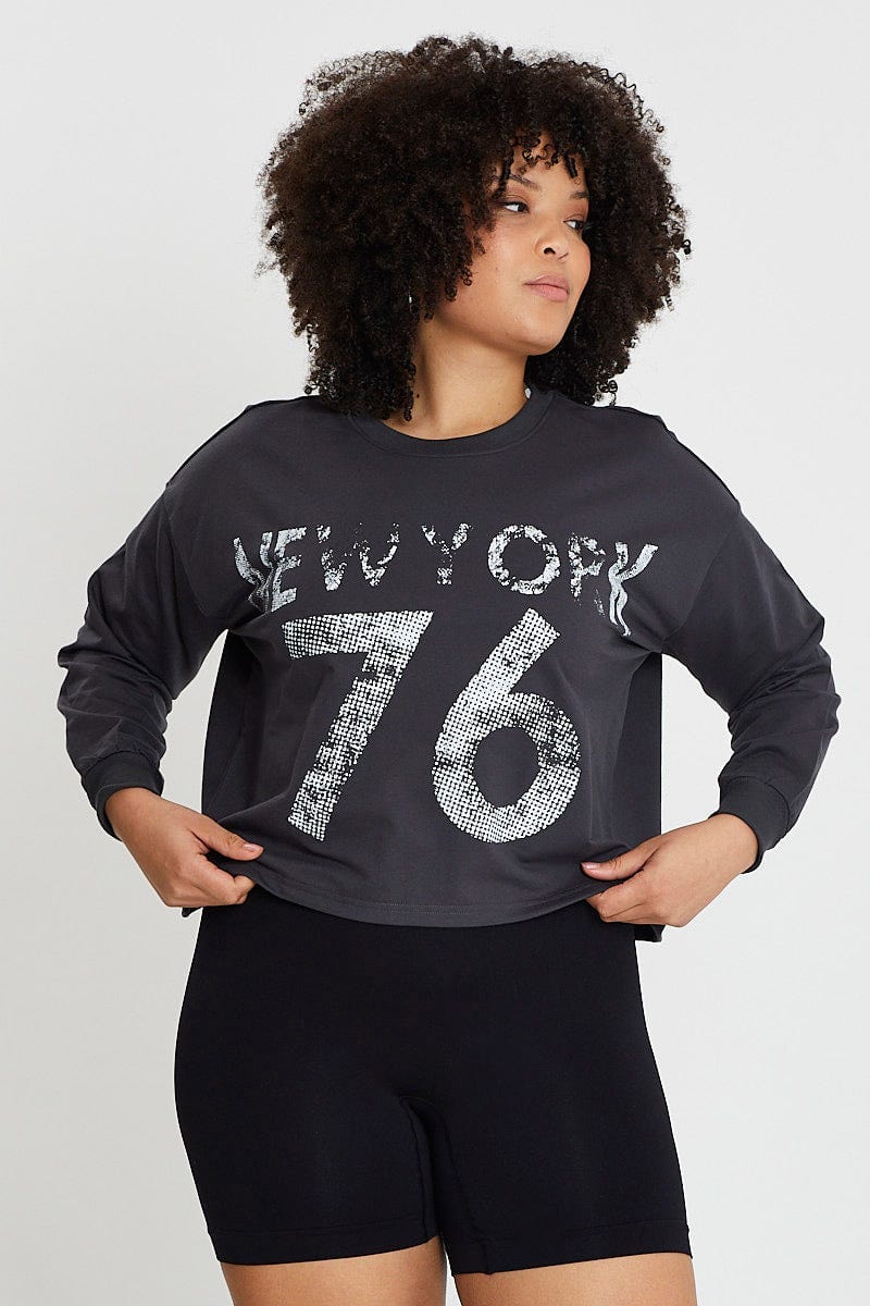 Grey Sleeve Sweatshirt New York City Crew Neck Long For Women By You And All