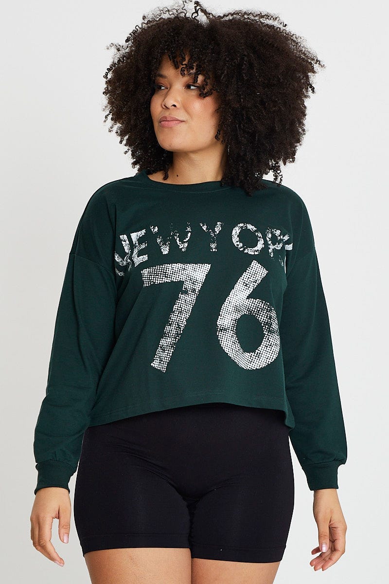 Green Sleeve Sweatshirt New York City Crew Neck Long For Women By You And All