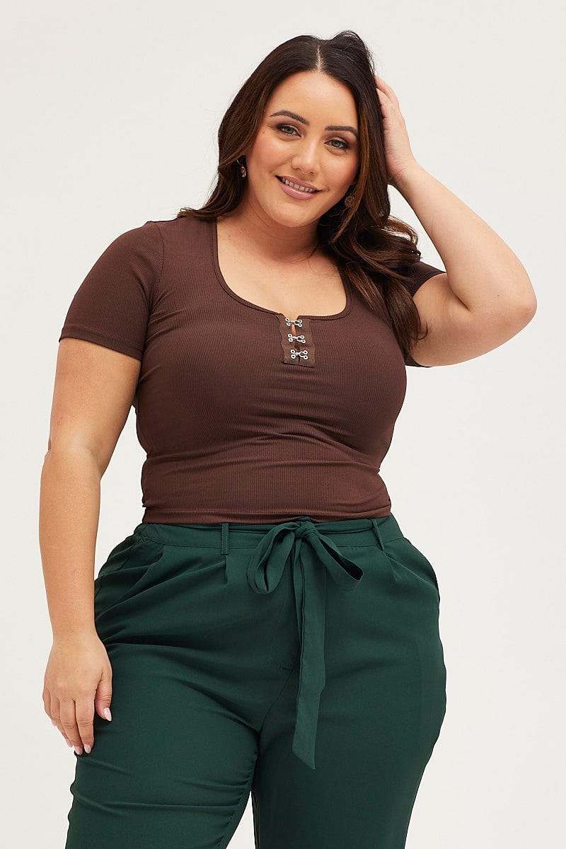 Brown Jersey Bodysuit Hook & Eye Detail Short Sleeve For Women By You And All