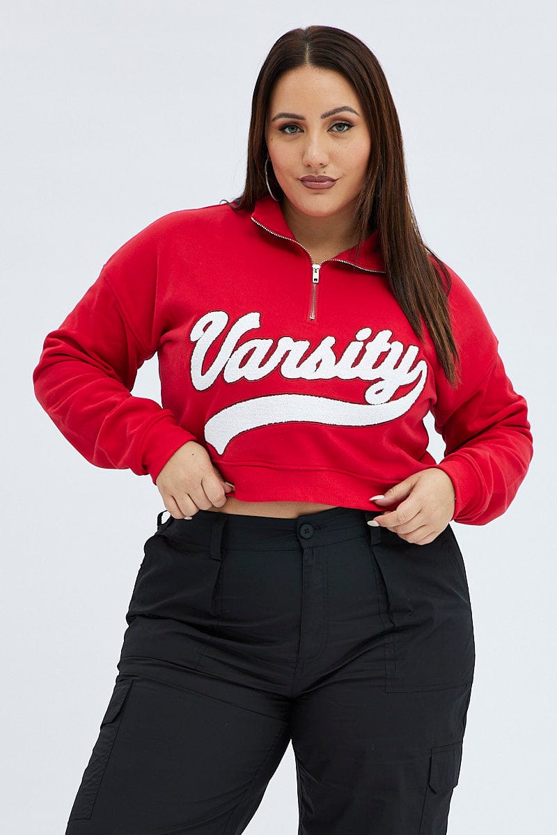 Red Cropped Sweatshirt Zip Up Varsity Fleece for YouandAll Fashion