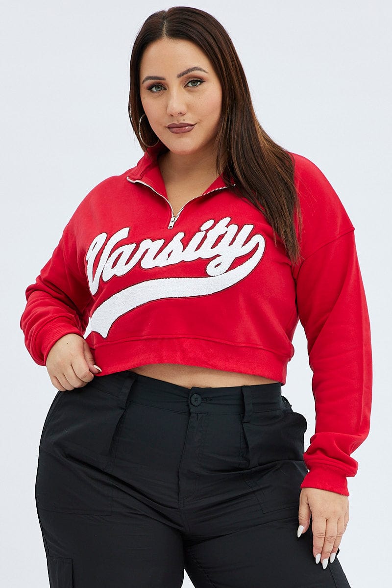 Red Cropped Sweatshirt Zip Up Varsity Fleece for YouandAll Fashion