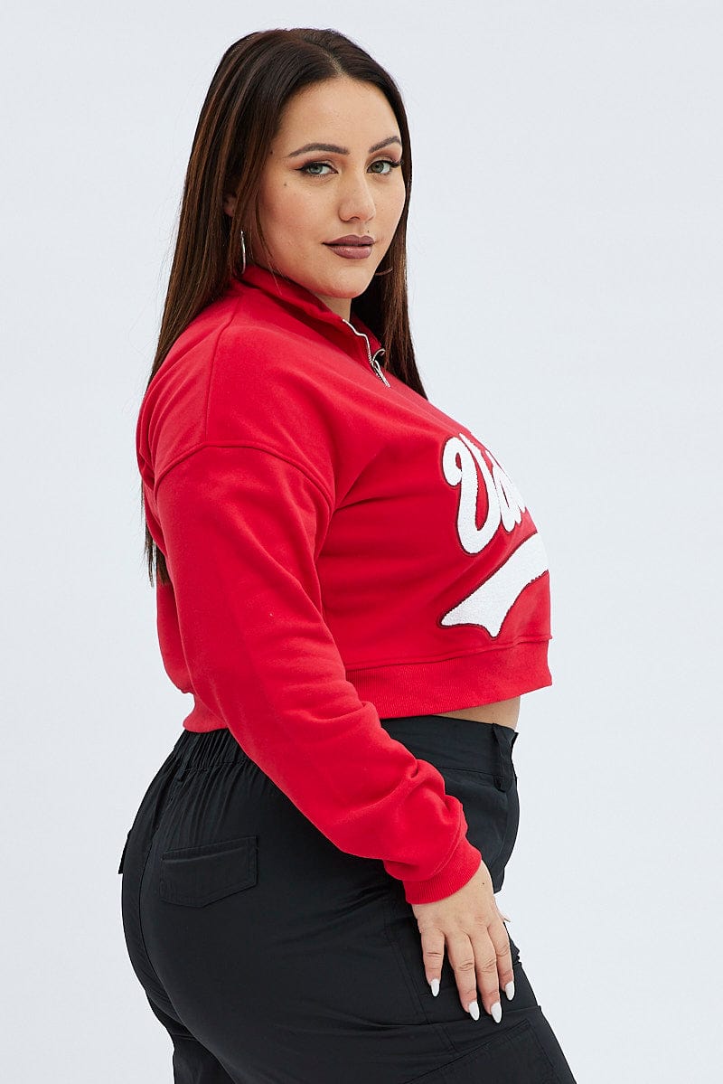 Red Cropped Sweatshirt Zip Up Varsity Fleece for YouandAll Fashion