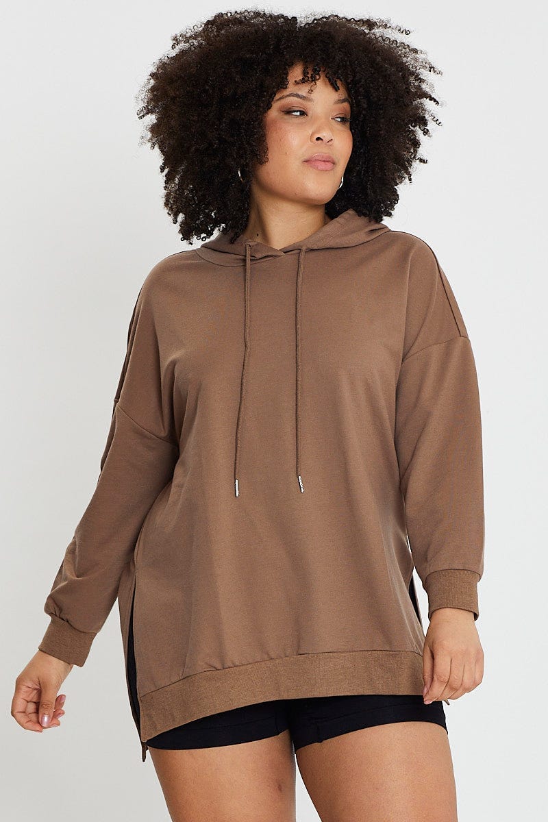 Brown Longline Hoodie Side Split Detail Long Sleeve For Women By You And All
