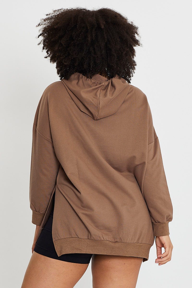 Brown Longline Hoodie Side Split Detail Long Sleeve For Women By You And All