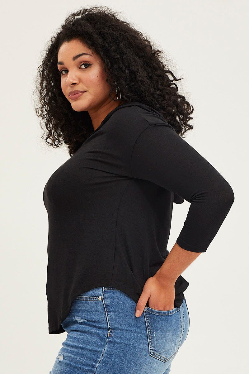 Black Long Sleeve Curve Hem Hoodie Top For Women By You And All