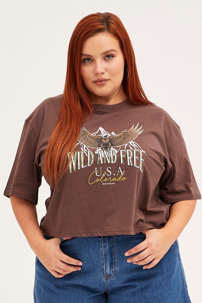 Brown Crop T Shirt Short Sleeve Wild And Free Cotton
