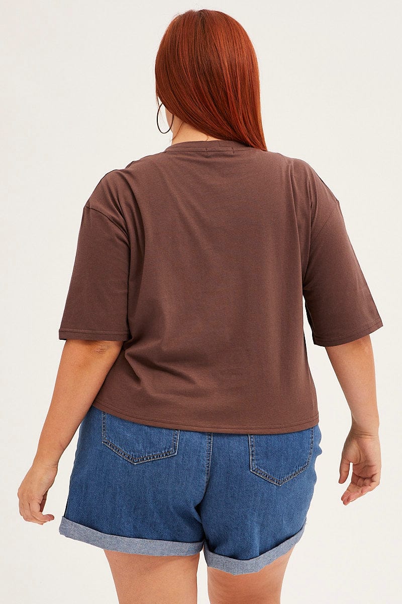 Brown Crop T Shirt Short Sleeve Wild And Free Cotton