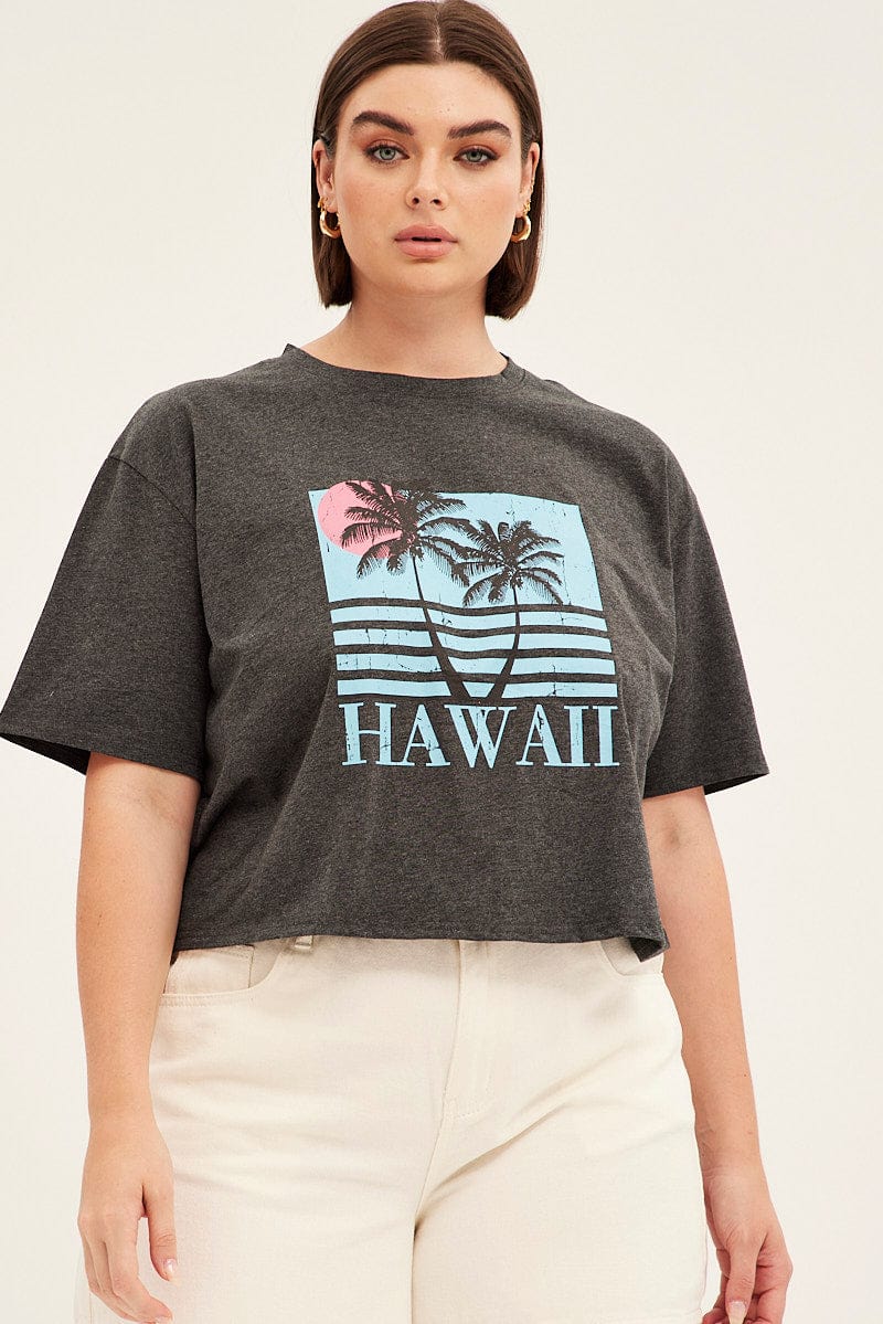 Grey Graphic T-Shirt Crop Hawaii Cotton for YouandAll Fashion