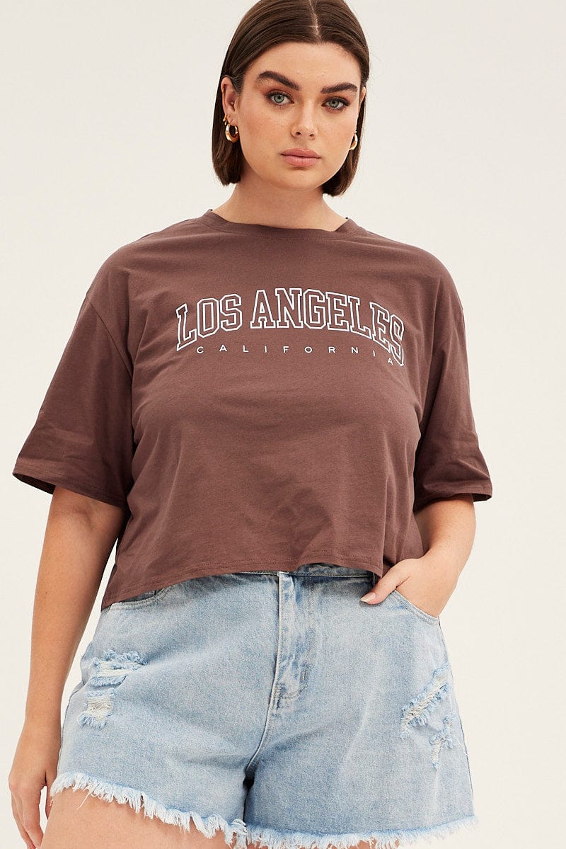Brown Short Sleeve Los Angeles Crop T-Shirt for YouandAll Fashion