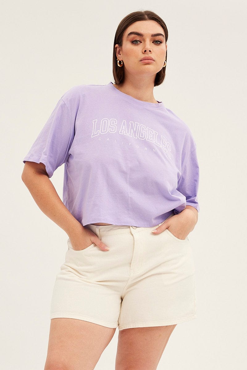 Purple Short Sleeve Los Angeles Crop T-Shirt for YouandAll Fashion