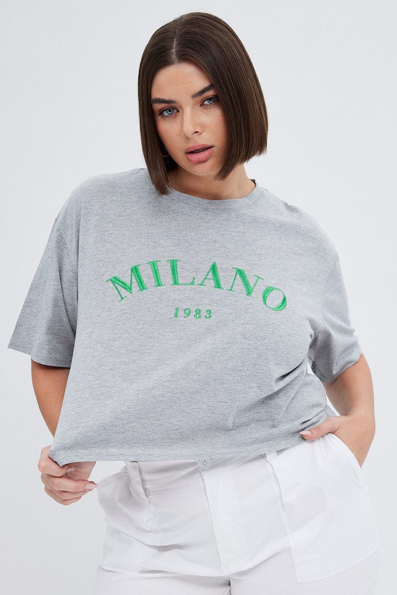 Grey Embroidered T-Shirt Milano Crop Cotton Jersey for YouandAll Fashion