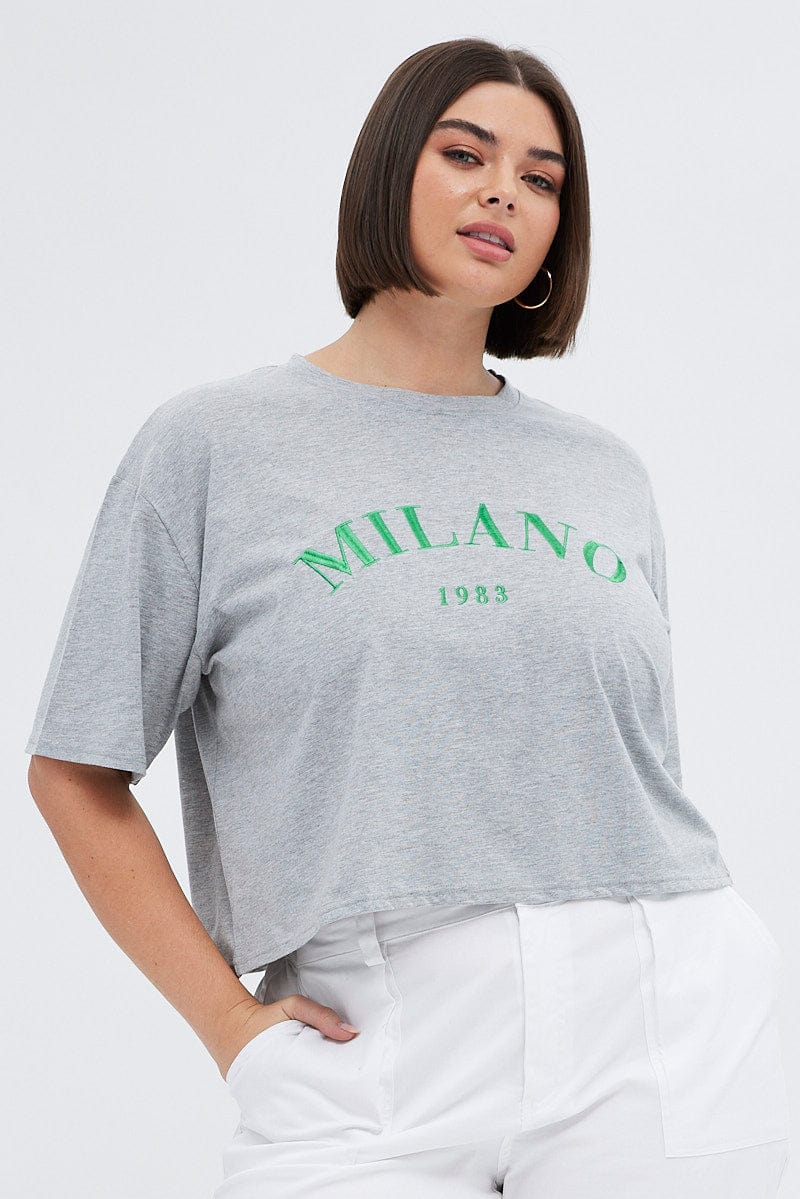 Grey Embroidered T-Shirt Milano Crop Cotton Jersey for YouandAll Fashion