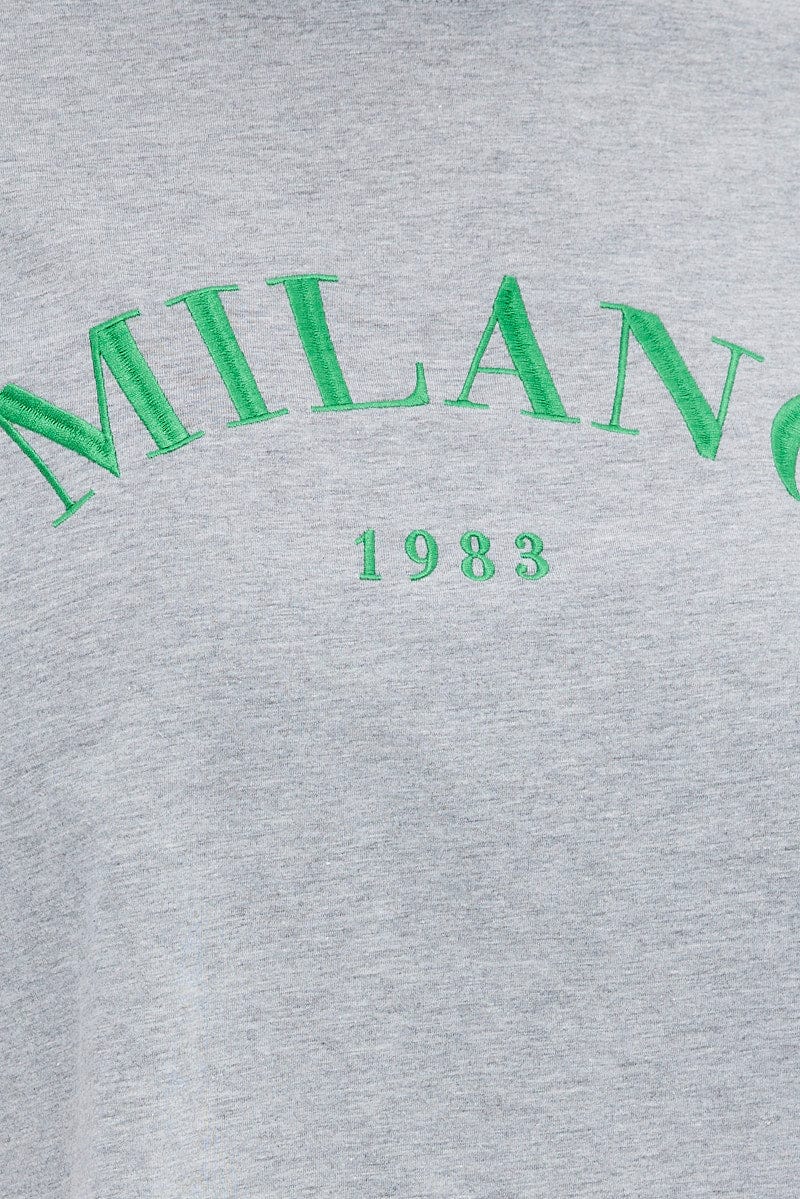 Grey Embroidered T-Shirt Milano Crop Cotton Jersey for YouandAll Fashion