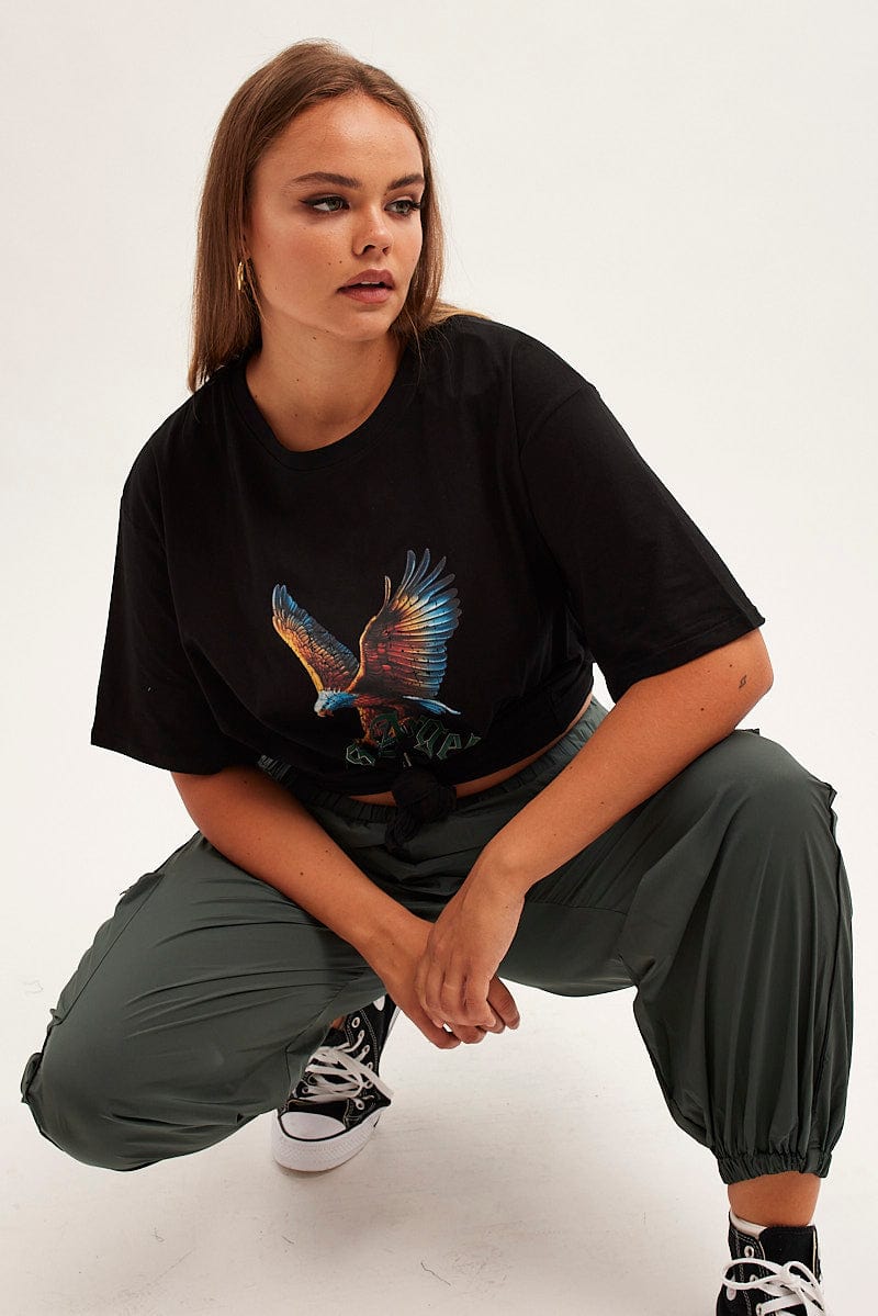 Black Graphic T-Shirt Eagle Print Oversized Cotton for YouandAll Fashion