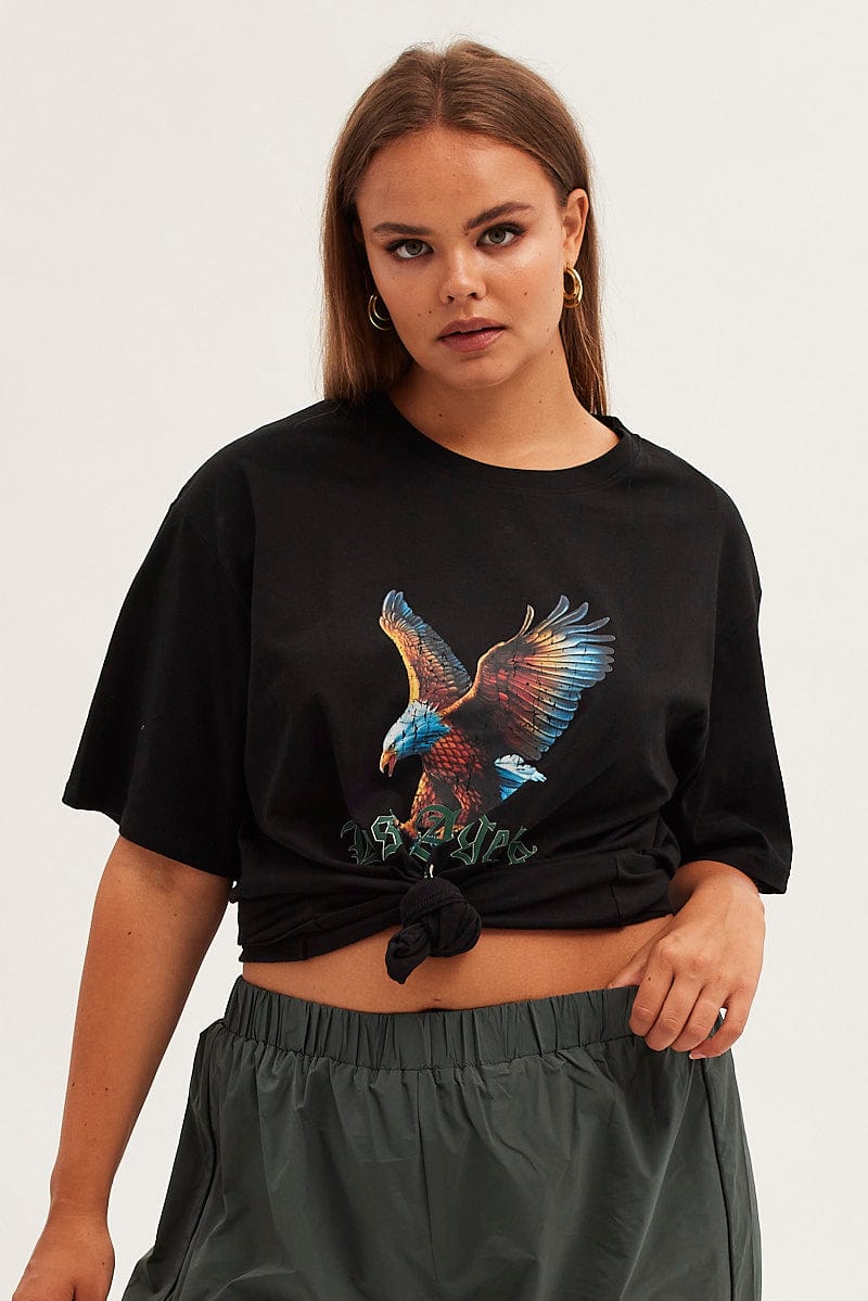 Black Graphic T-Shirt Eagle Print Oversized Cotton for YouandAll Fashion