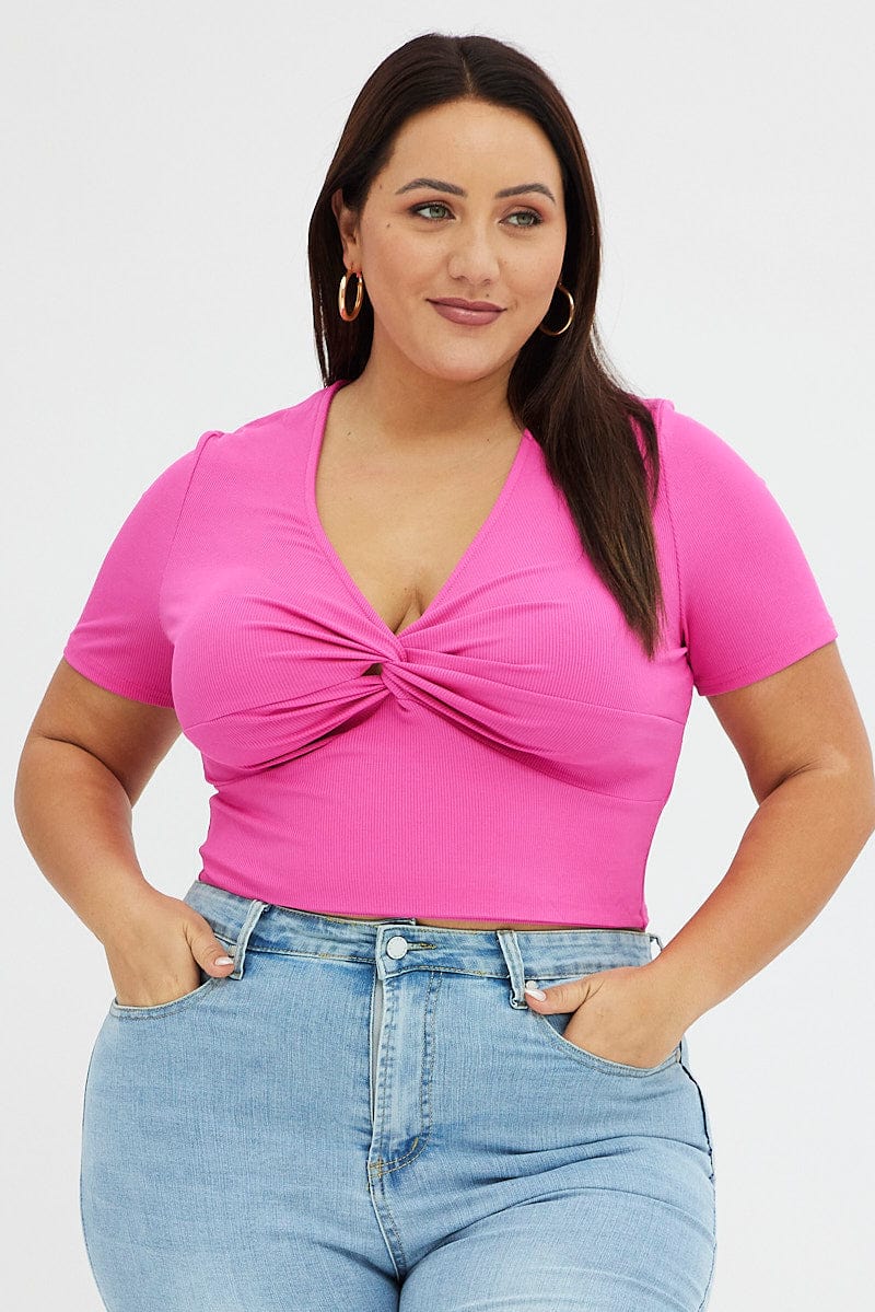 Pink Jersey Top Short Sleeve Twist Rib for YouandAll Fashion