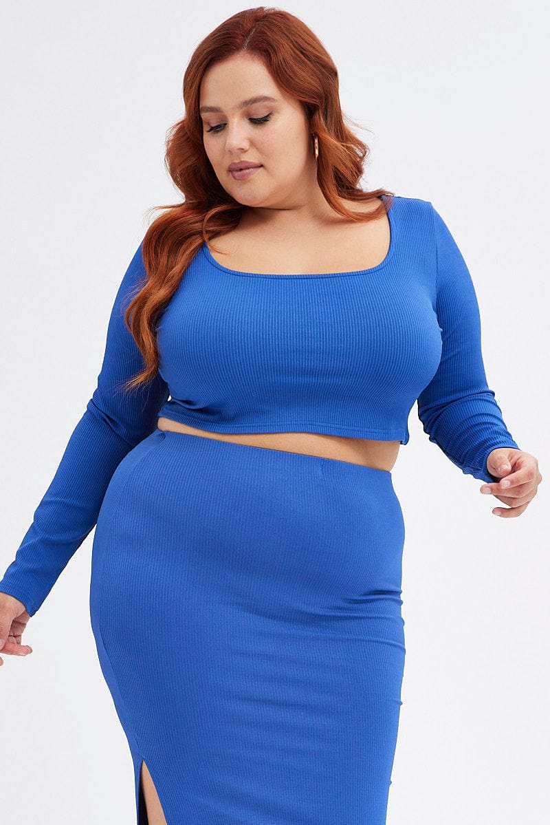 Blue Scoop Neck Top Rib Jersey Seamless Look for YouandAll Fashion