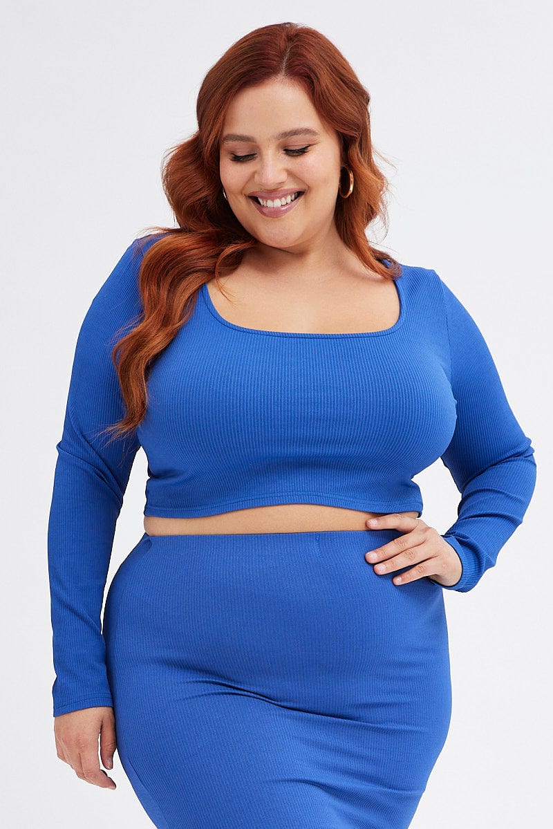 Blue Scoop Neck Top Rib Jersey Seamless Look for YouandAll Fashion