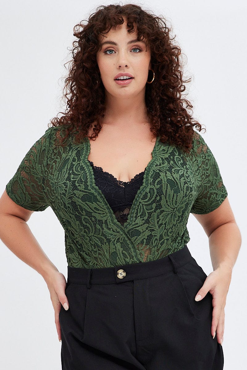 Green Lace Bodysuit Short Sleeve V Neck for YouandAll Fashion