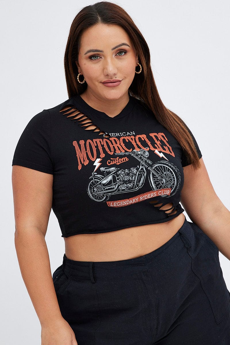 Black Crop T-Shirt Moto Distressed for YouandAll Fashion