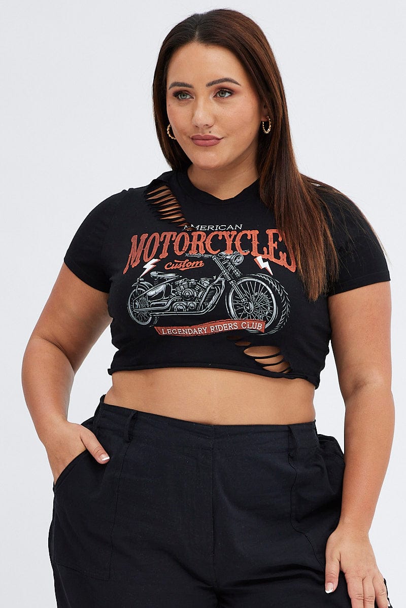 Black Crop T-Shirt Moto Distressed for YouandAll Fashion