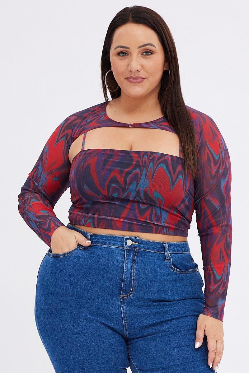 Red Abstract Mesh Top With Shrug | You & All