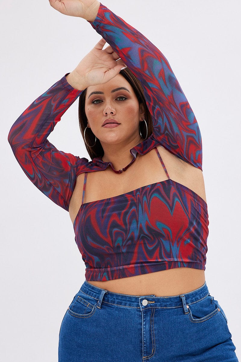 Red Abstract Mesh Top With Shrug | You & All