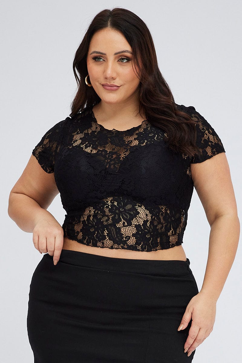 Black Lace Crop Top Short Sleeve Round Neck for YouandAll Fashion
