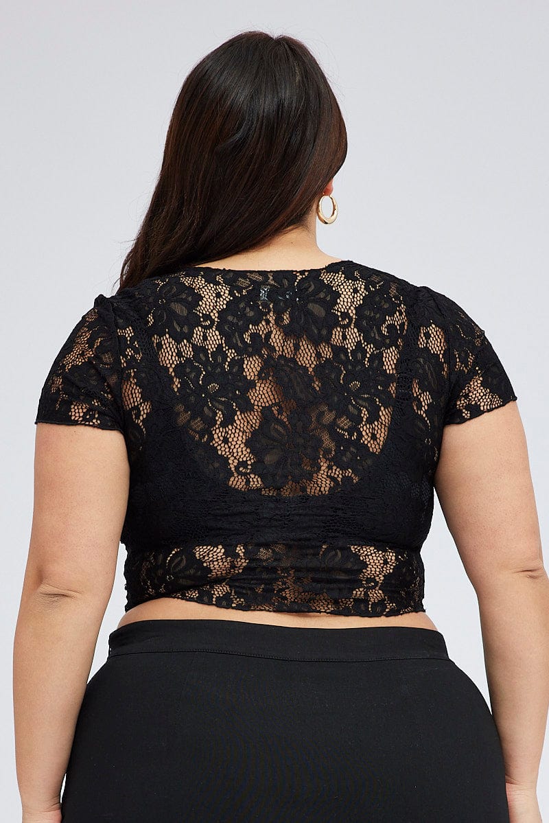 Black Lace Crop Top Short Sleeve Round Neck for YouandAll Fashion