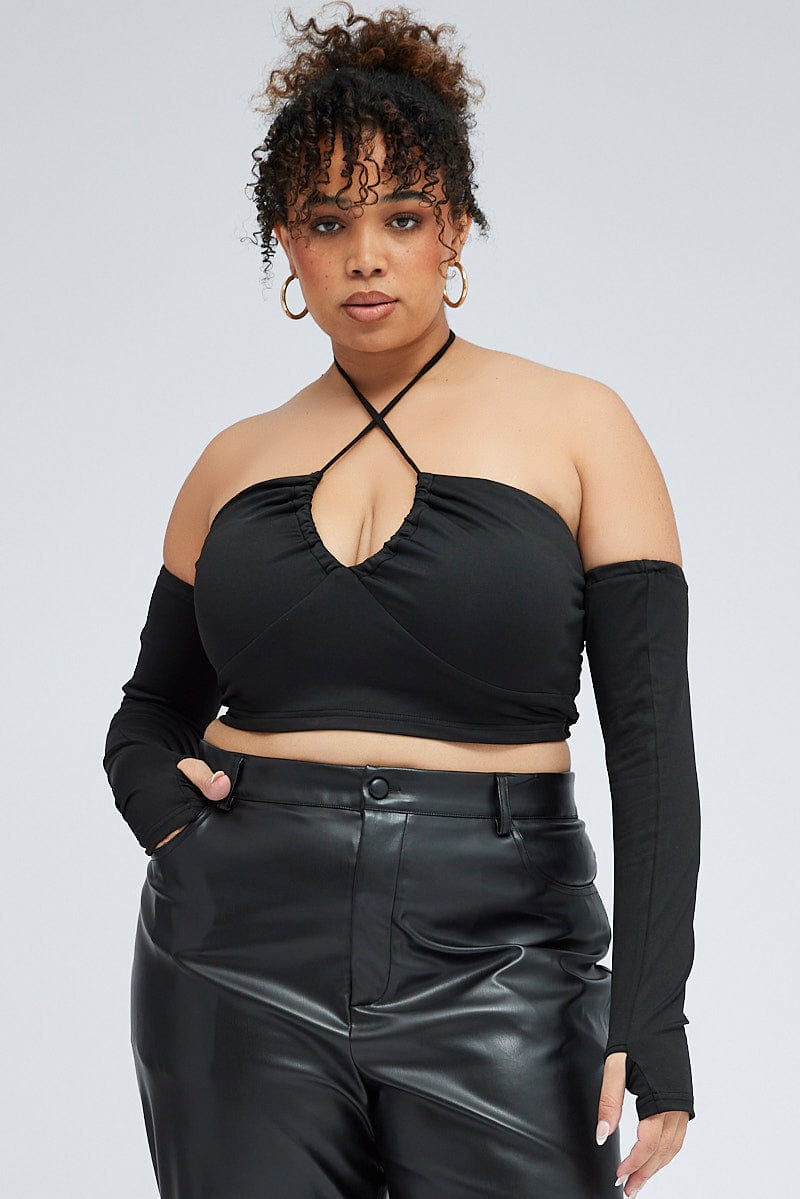 Black Crop Top With Strap Front and Sleeves for YouandAll Fashion