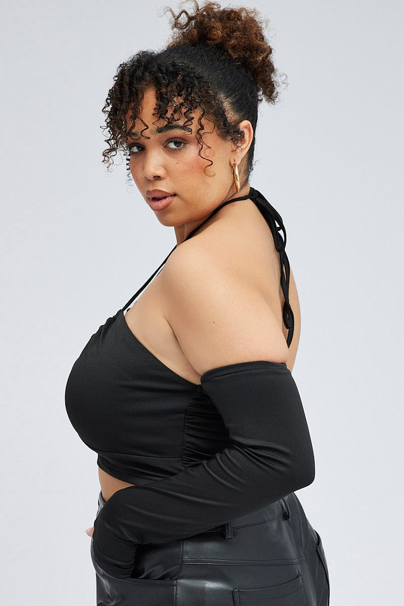 Black Crop Top With Strap Front and Sleeves for YouandAll Fashion