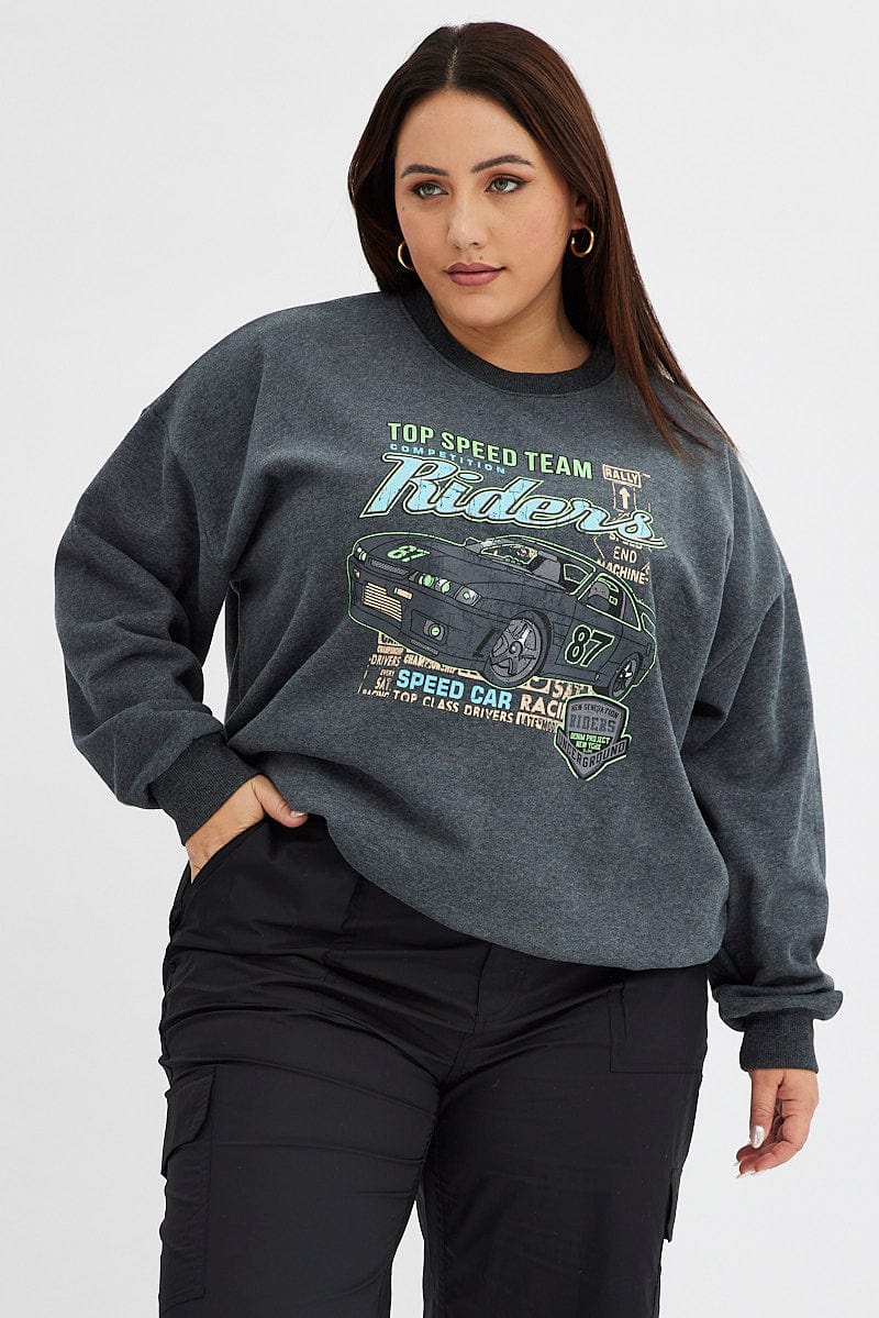 Grey Oversized Sweatshirt Racing Tour Printed Fleece for YouandAll Fashion