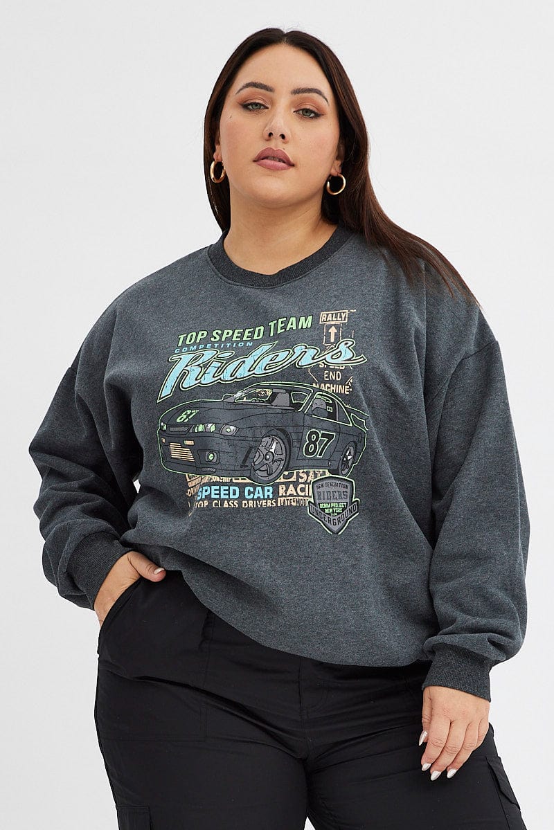 Grey Oversized Sweatshirt Racing Tour Printed Fleece for YouandAll Fashion