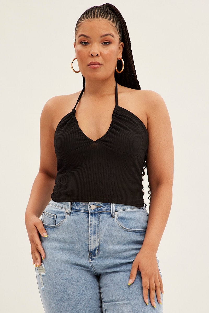 Black Halter Top Rib Jersey Gather Bust Detail for YouandAll Fashion