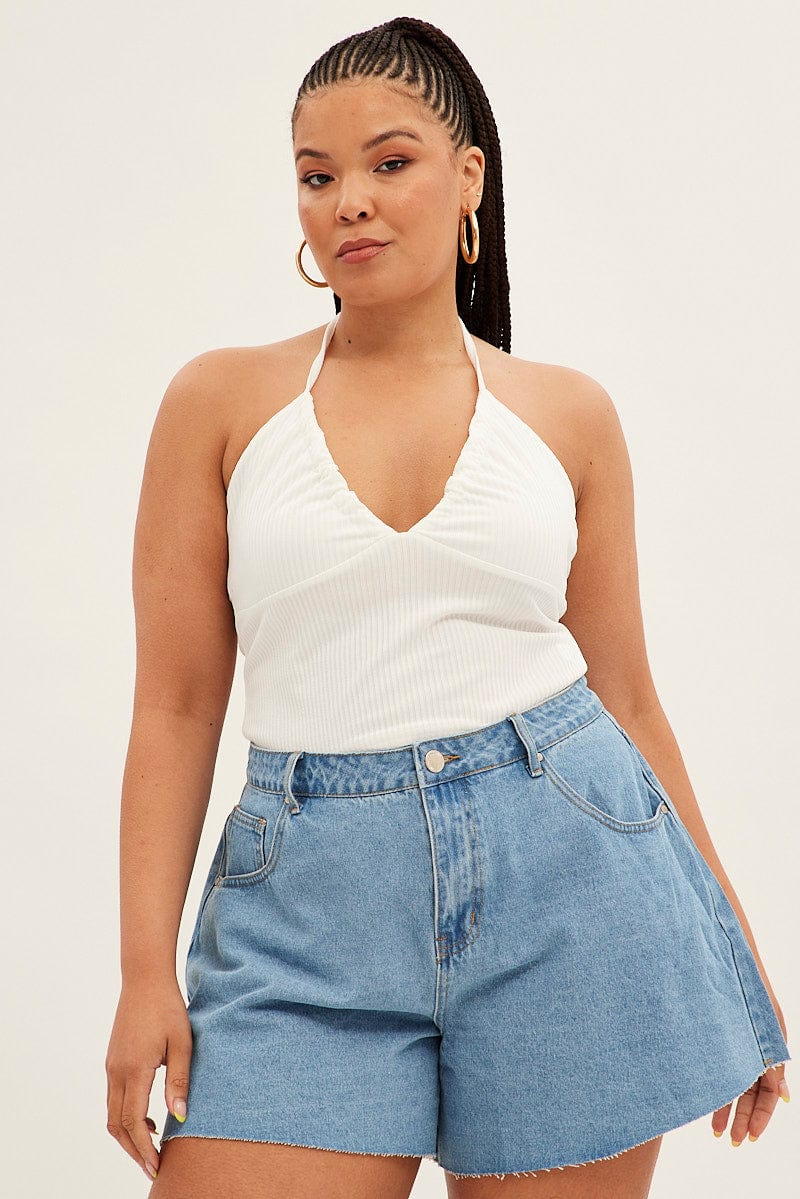 White Halter Top Rib Jersey Gather Bust Detail for YouandAll Fashion