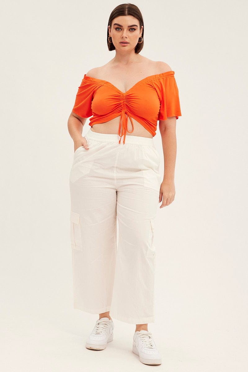 Orange Crop Top Short Sleeve Frill Edge Drawstring for YouandAll Fashion