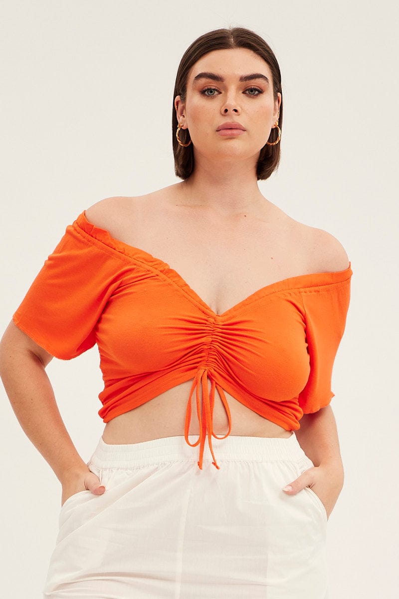 Orange Crop Top Short Sleeve Frill Edge Drawstring for YouandAll Fashion