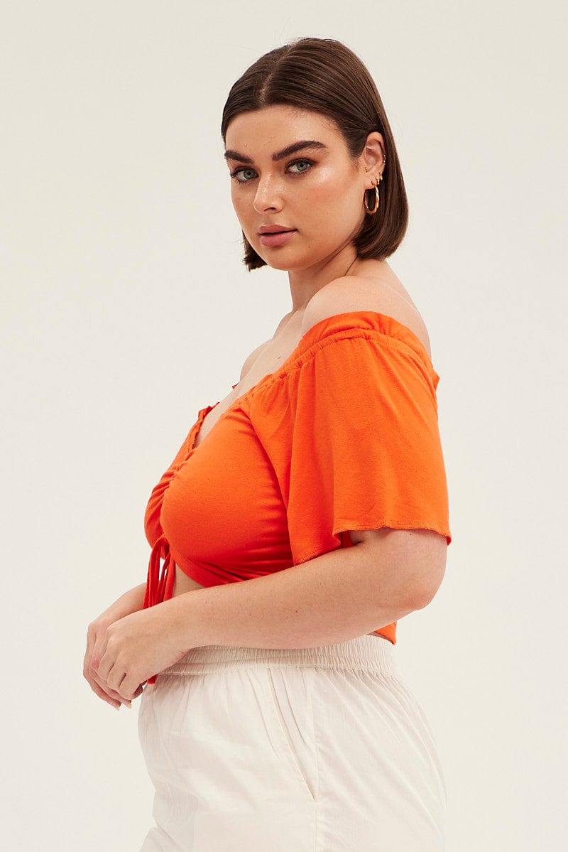 Orange Crop Top Short Sleeve Frill Edge Drawstring for YouandAll Fashion