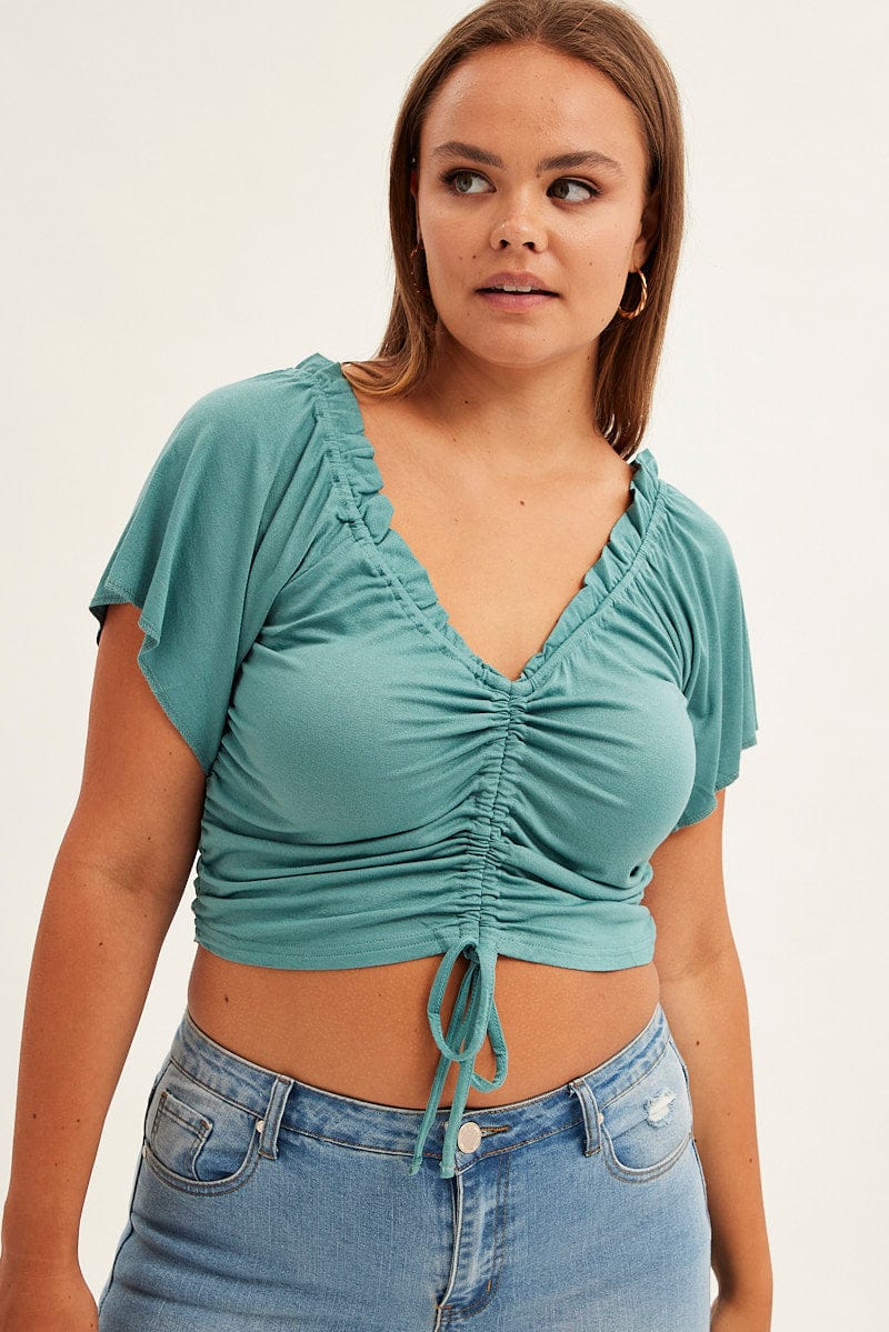 Green Crop Top Short Sleeve Frill Edge Drawstring for YouandAll Fashion