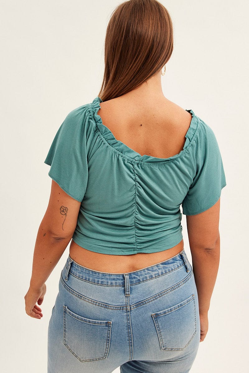 Green Crop Top Short Sleeve Frill Edge Drawstring for YouandAll Fashion