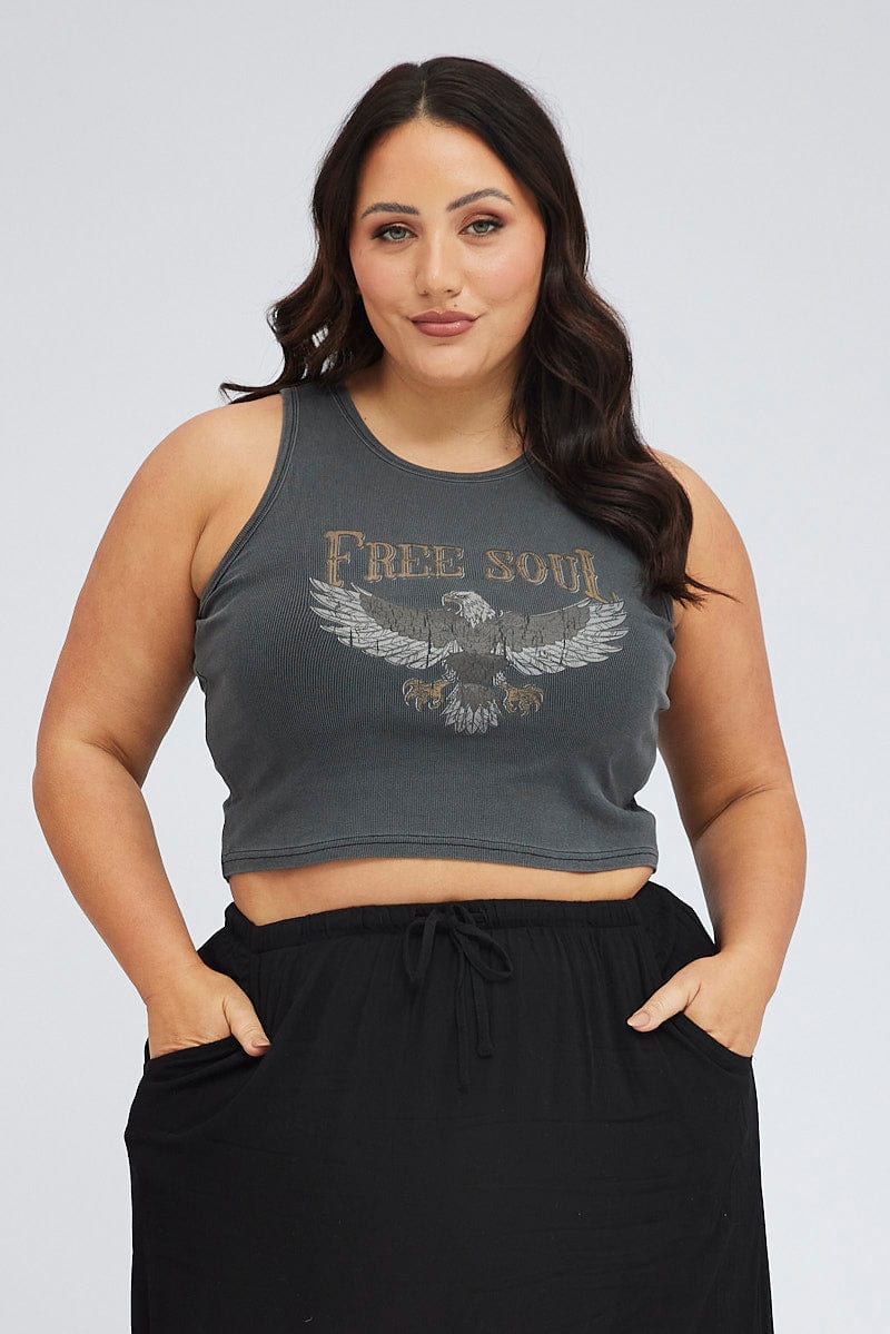 Black Tank Top Ribbed Racer Free Soul Graphic for YouandAll Fashion