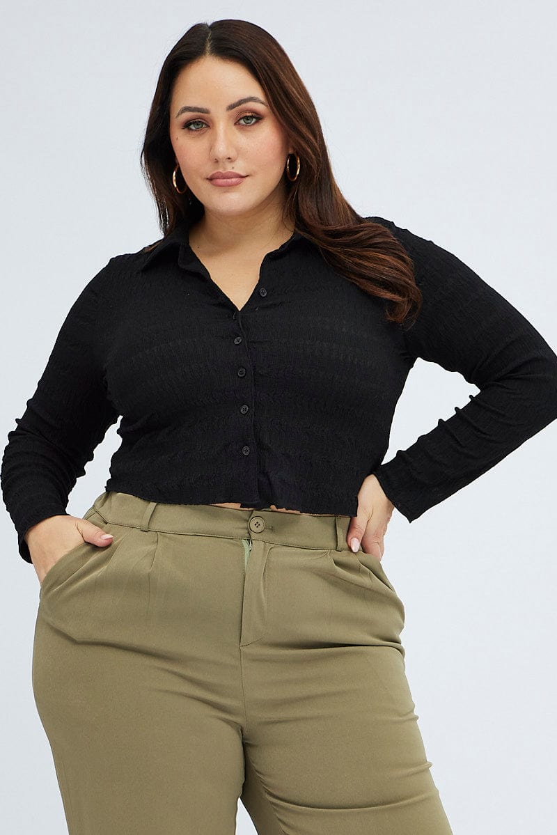 Black Collar Top Long Sleeve Textured for YouandAll Fashion