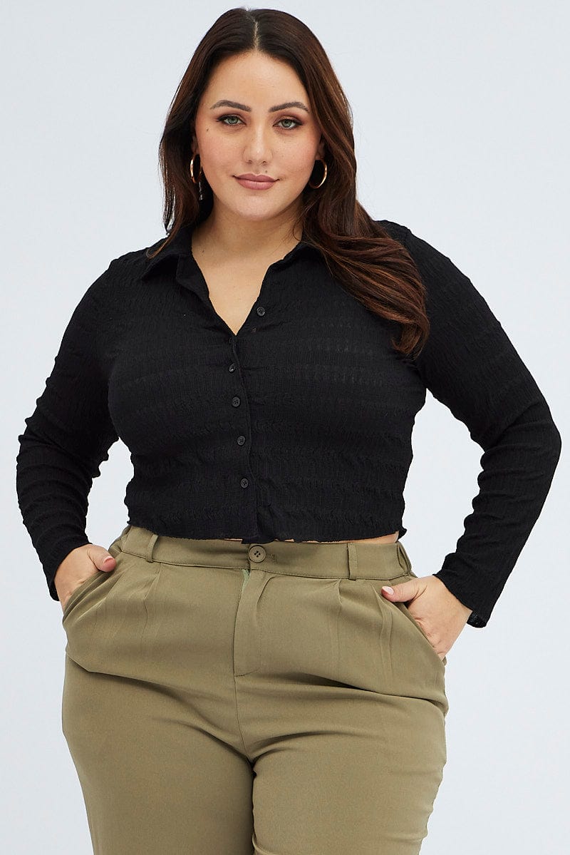 Black Collar Top Long Sleeve Textured for YouandAll Fashion