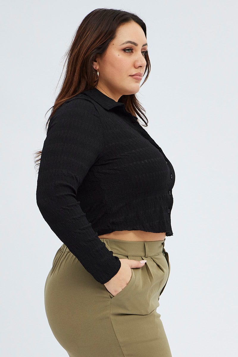 Black Collar Top Long Sleeve Textured for YouandAll Fashion