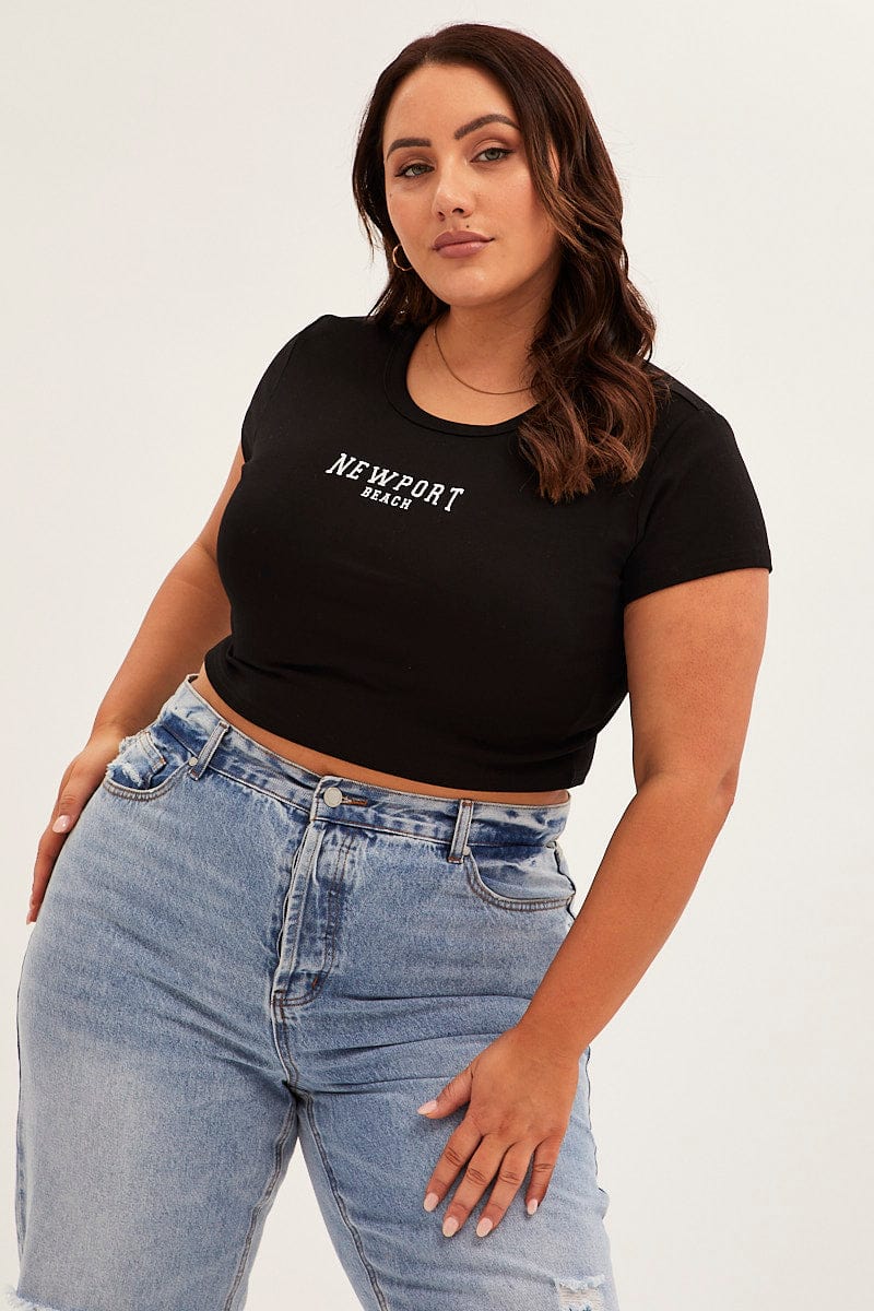 Black Crew Neck Short Sleeve Crop T-Shirt for YouandAll Fashion
